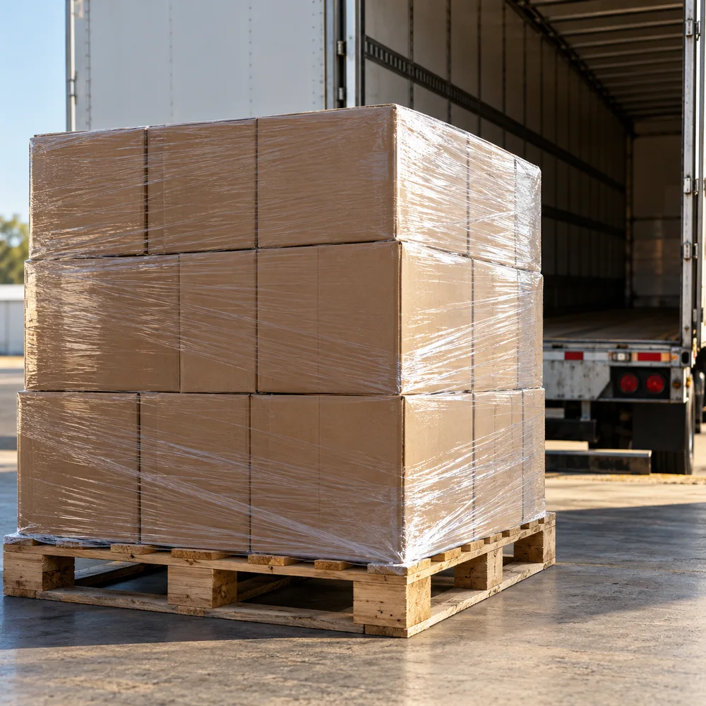 Illustrative AI-generated photograph of plain cartons secured with stretch wrap on a wooden pallet beside a freight trailer