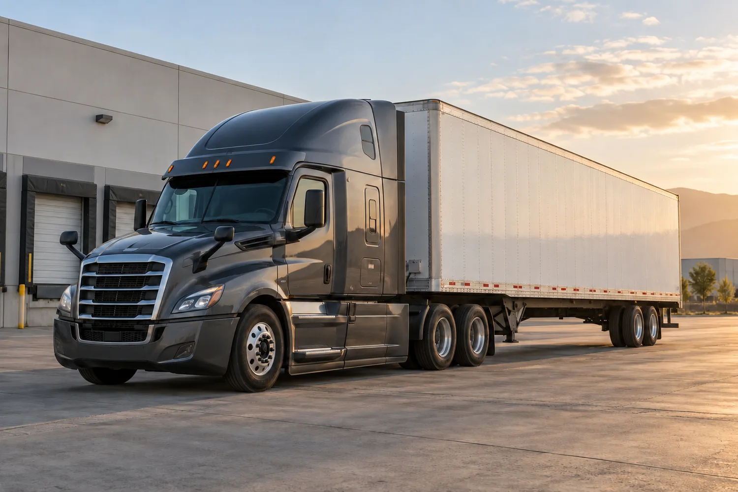 AI-generated commercial scene of an unbranded American semi-truck at a Southern California freight terminal