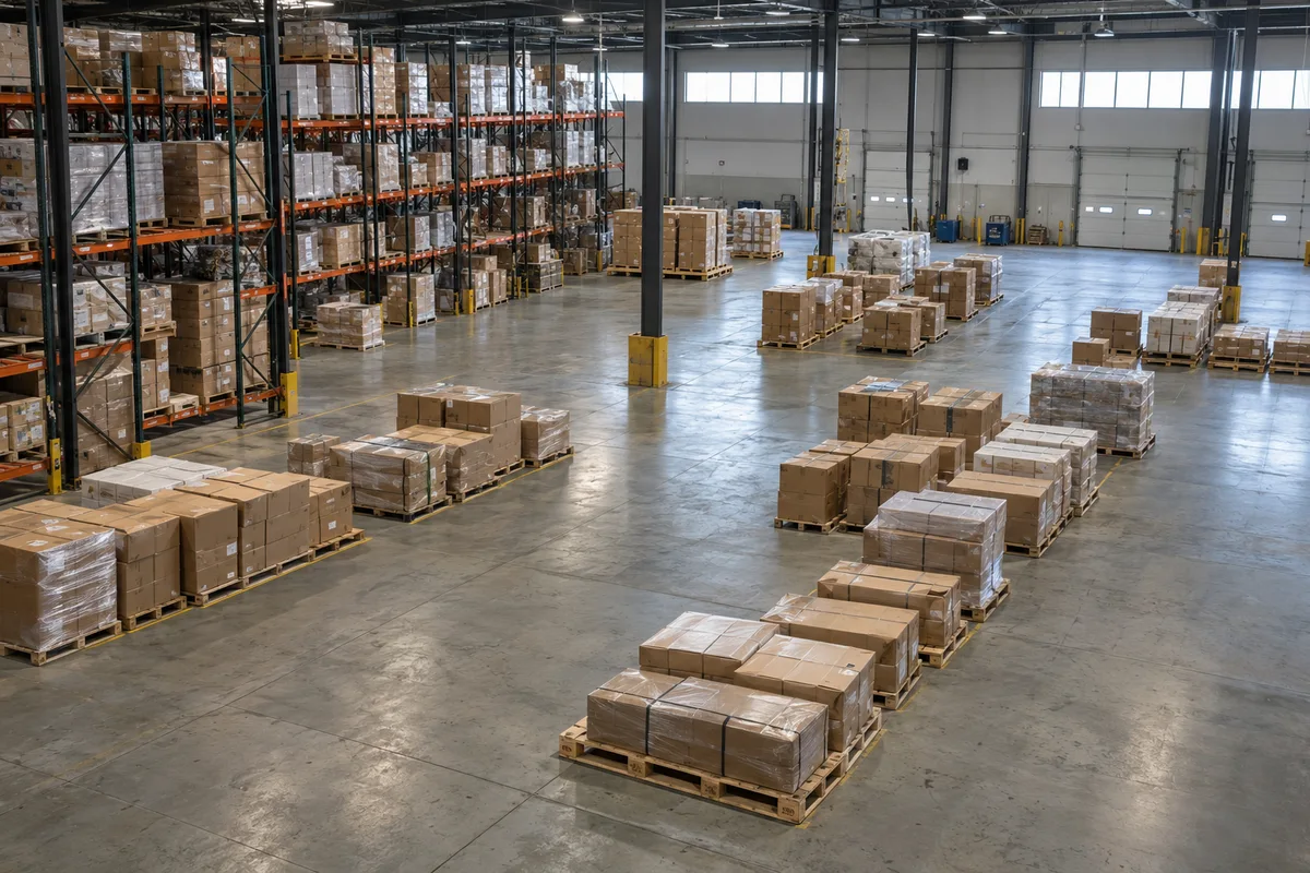 AI-generated illustrative view across an industrial warehouse with palletized cartons and overhead lighting